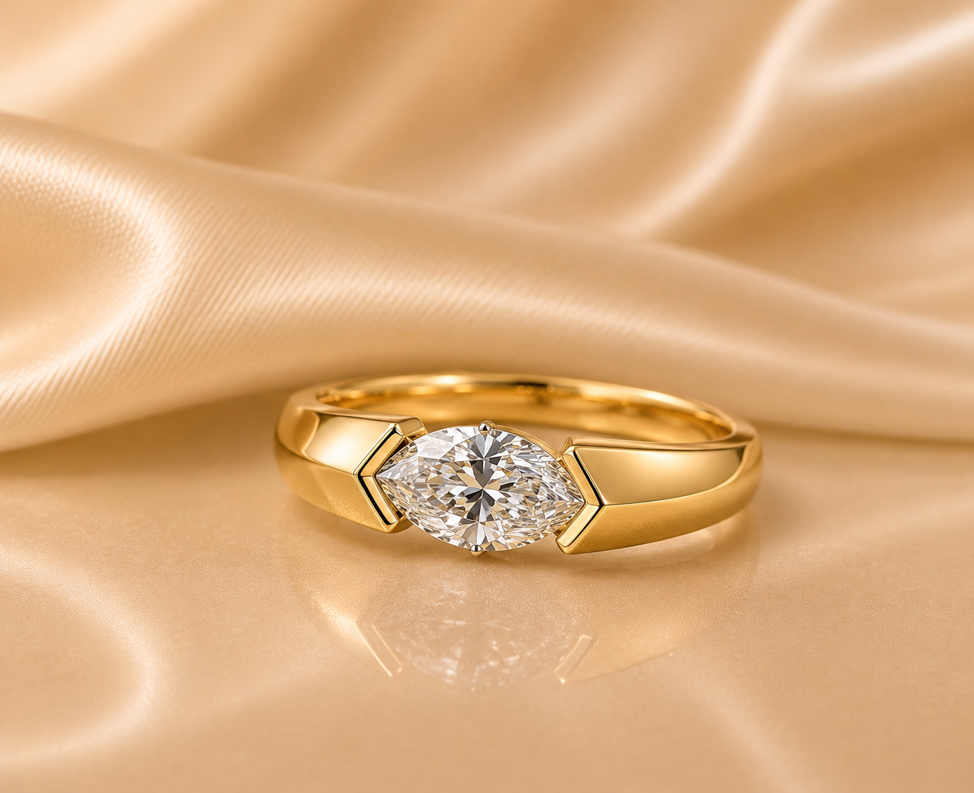 East West Marquise Diamond Ring, 14K Solid Gold Bezel Solitaire, Minimalist Engagement Jewelry, Anniversary Gift for Her
