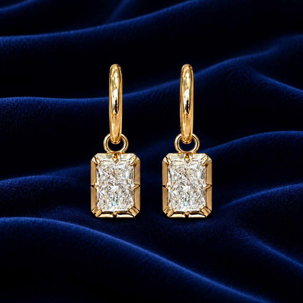 Radiant Cut Diamond Drop Earrings, 14K Gold Huggie Hoops, Solitaire Dangle Earrings, Minimalist Bridal Jewelry Gift for Her