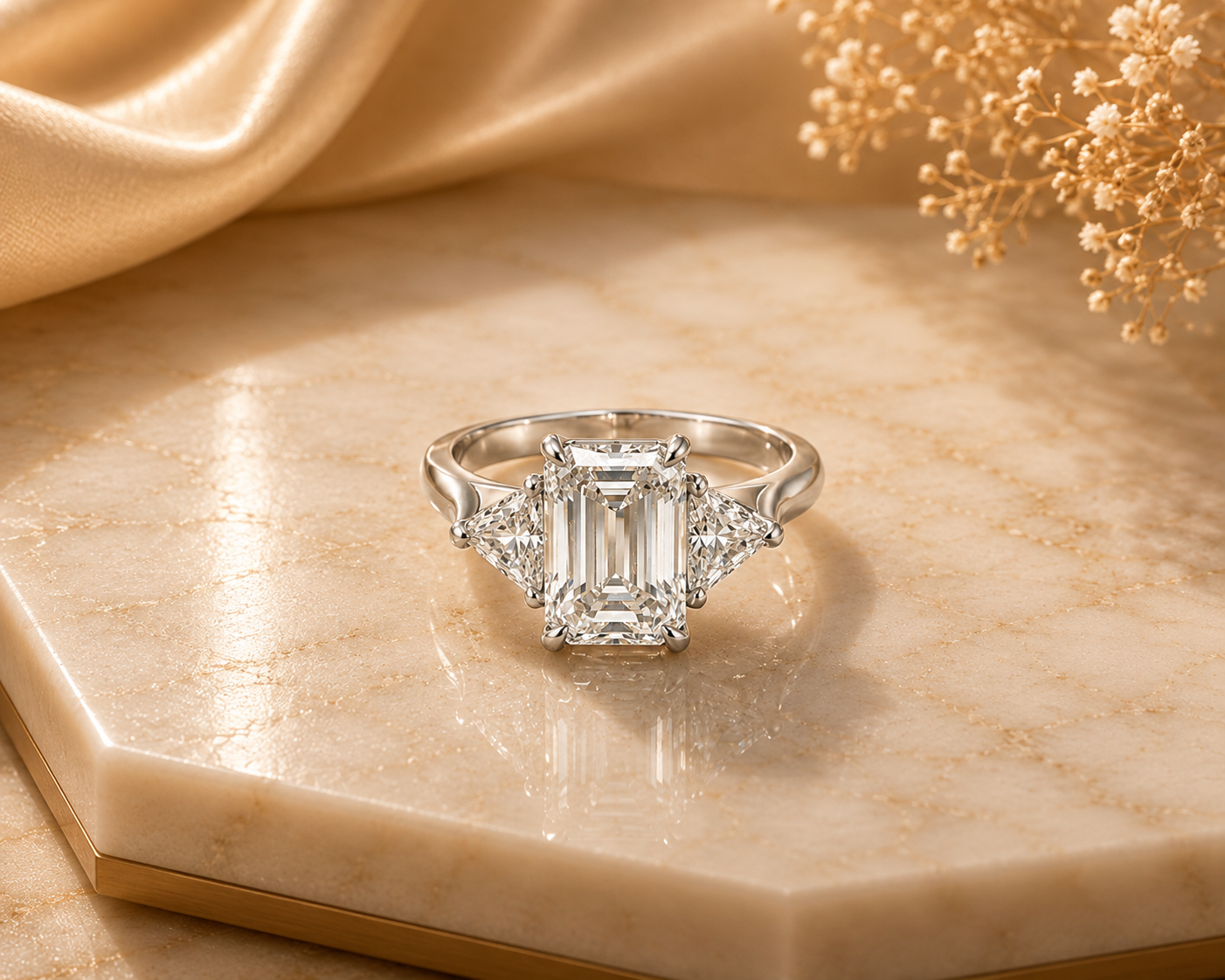 Emerald Cut Three Stone Diamond Ring with Trapezoid Side Stones | Aurova Jewel Main image