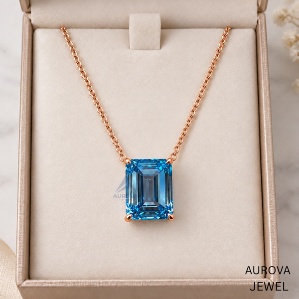 Emerald Cut Blue Gemstone Necklace, Silver Solitaire Pendant, Dainty Statement Jewelry, Bridal Wedding Necklace, Anniversary Gift for Her