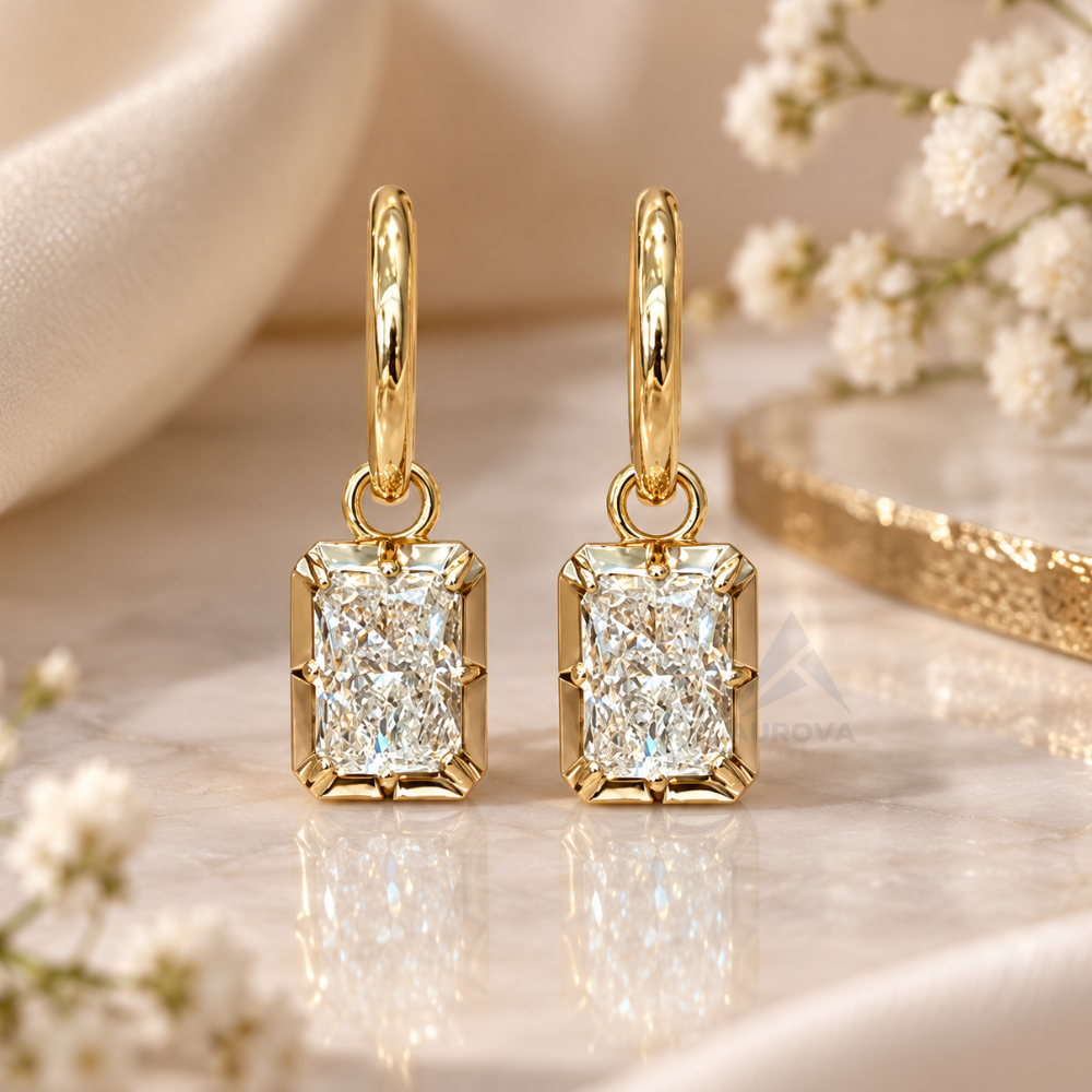 Radiant Cut Diamond Drop Earrings, 14K Gold Huggie Hoops, Solitaire Dangle Earrings, Minimalist Bridal Jewelry Gift for Her