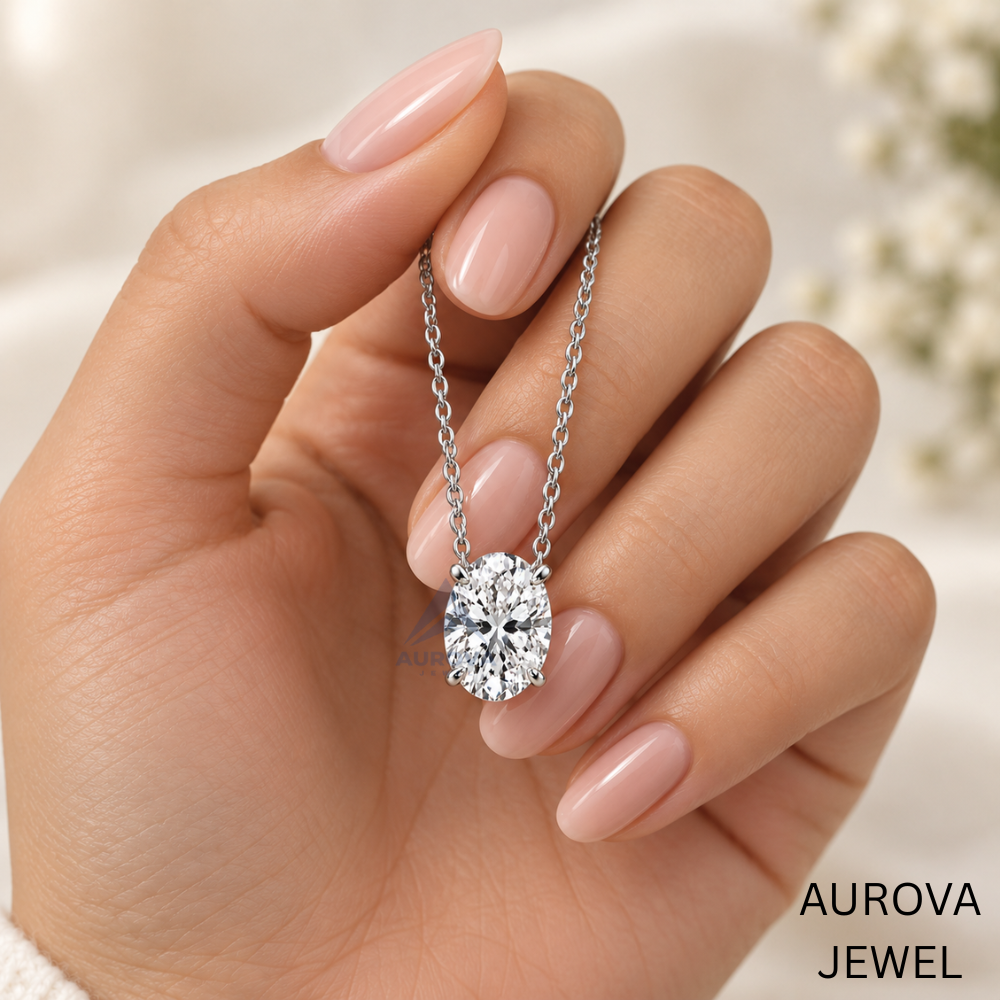 Oval Cut Solitaire Necklace, Silver Gemstone Pendant, Dainty Bridal Jewelry, Minimalist Wedding Necklace, Anniversary Gift for Her