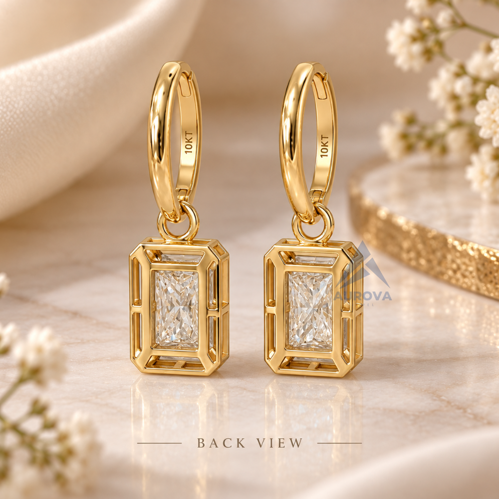 Radiant Cut Diamond Drop Earrings, 14K Gold Huggie Hoops, Solitaire Dangle Earrings, Minimalist Bridal Jewelry Gift for Her