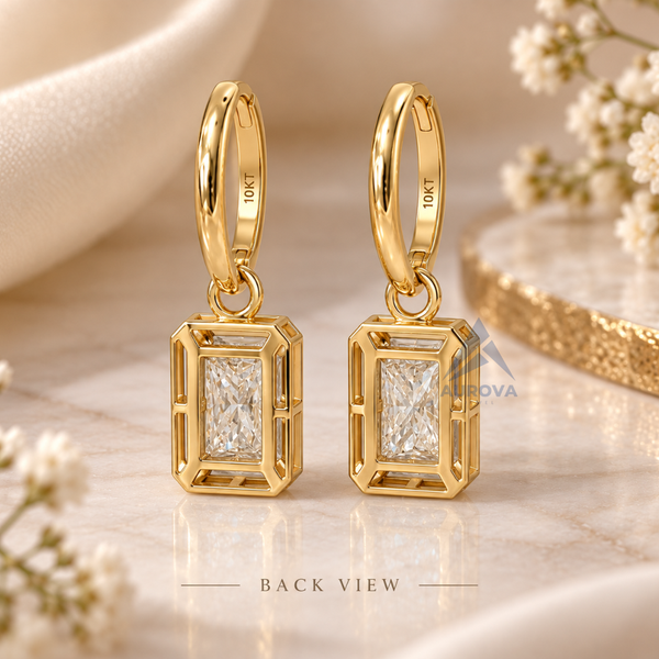 Radiant Cut Diamond Drop Earrings, 14K Gold Huggie Hoops, Solitaire Dangle Earrings, Minimalist Bridal Jewelry Gift for Her