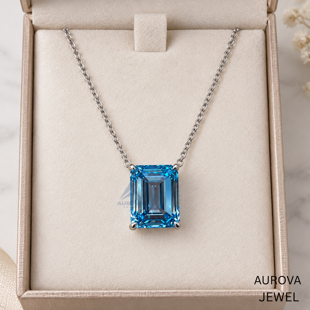 Emerald Cut Blue Gemstone Necklace, Silver Solitaire Pendant, Dainty Statement Jewelry, Bridal Wedding Necklace, Anniversary Gift for Her