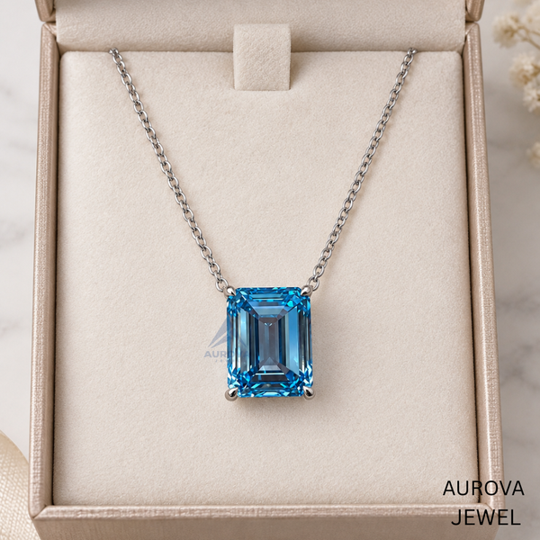 Emerald Cut Blue Gemstone Necklace, Silver Solitaire Pendant, Dainty Statement Jewelry, Bridal Wedding Necklace, Anniversary Gift for Her