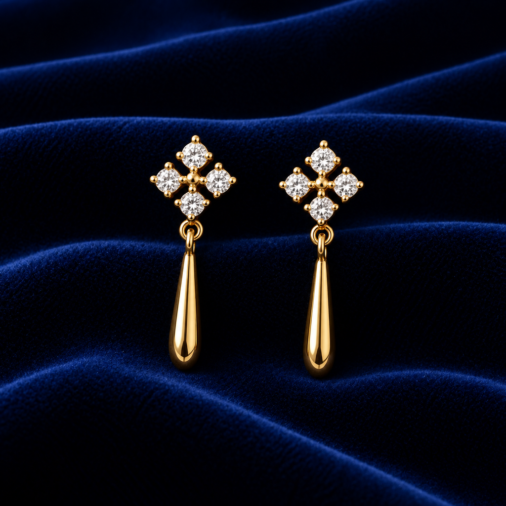 Floral Diamond Drop Earrings, 14K Yellow Gold Dangle Earrings, Round Cut Cluster Jewelry, Minimalist Wedding Gift for Her