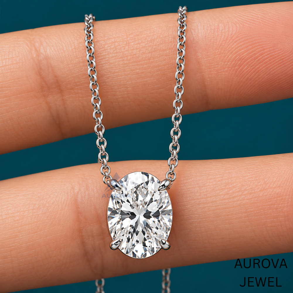 Oval Cut Solitaire Necklace, Silver Gemstone Pendant, Dainty Bridal Jewelry, Minimalist Wedding Necklace, Anniversary Gift for Her