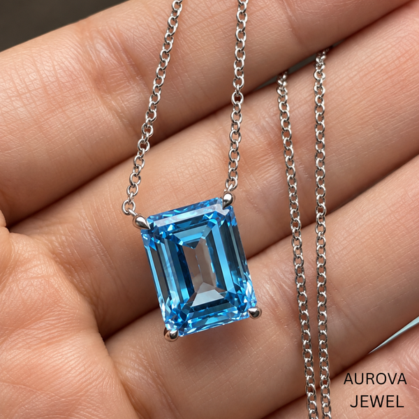 Emerald Cut Blue Gemstone Necklace, Silver Solitaire Pendant, Dainty Statement Jewelry, Bridal Wedding Necklace, Anniversary Gift for Her