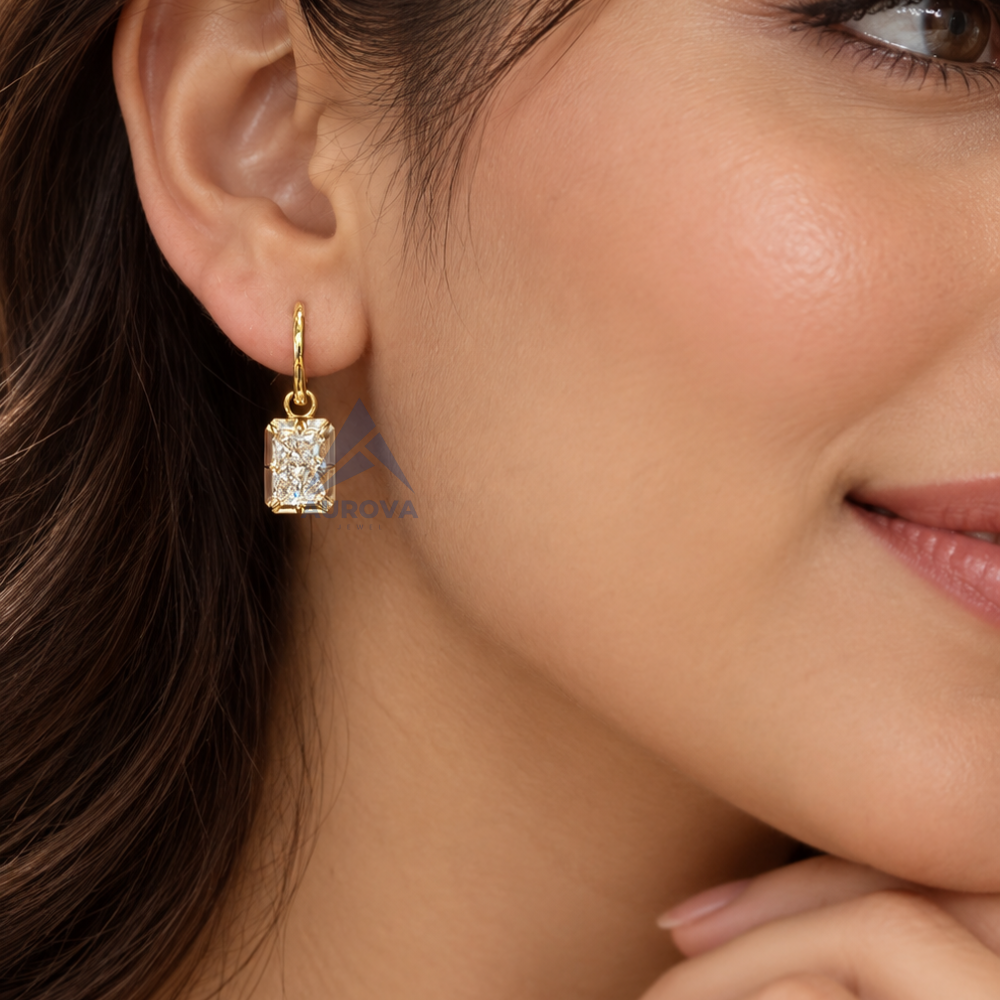 Radiant Cut Diamond Drop Earrings, 14K Gold Huggie Hoops, Solitaire Dangle Earrings, Minimalist Bridal Jewelry Gift for Her Secondary image