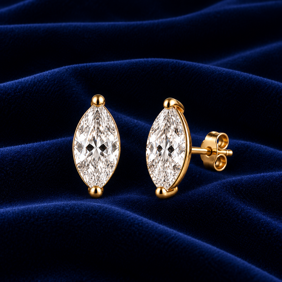 Marquise Diamond Stud Earrings, 14K Solid Gold Solitaire Studs, Minimalist Bridal Jewelry, Anniversary Gift
