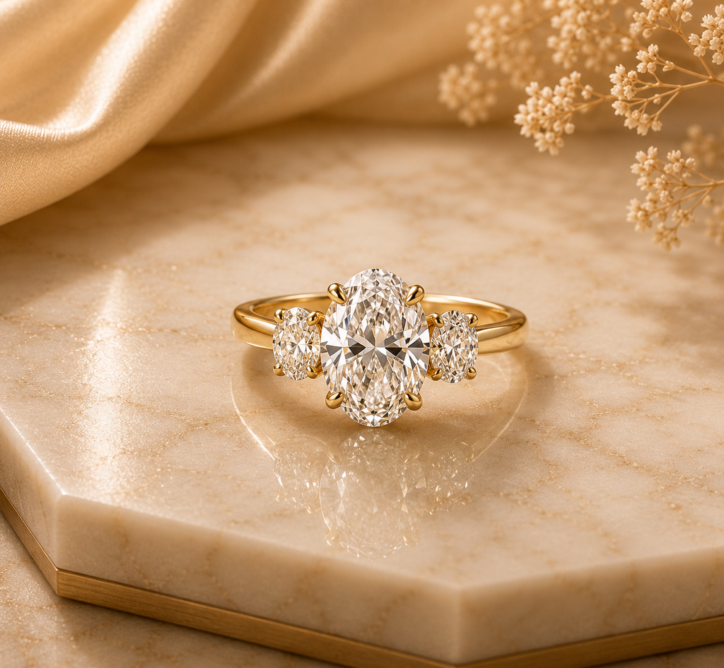 Pear Cut Three Stone Diamond Ring with Round Side Stones | Aurova Jewel
