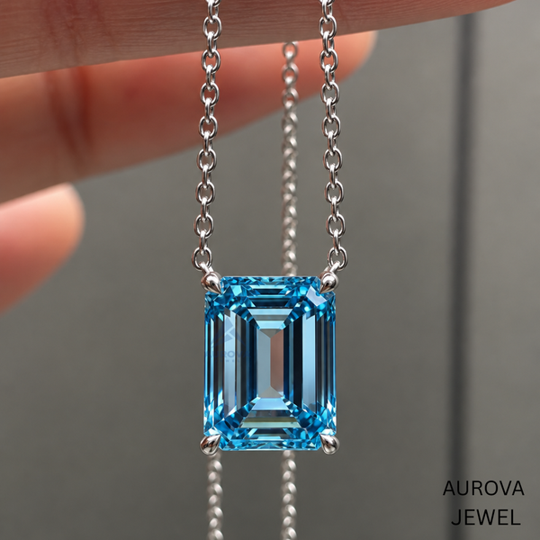 Emerald Cut Blue Gemstone Necklace, Silver Solitaire Pendant, Dainty Statement Jewelry, Bridal Wedding Necklace, Anniversary Gift for Her