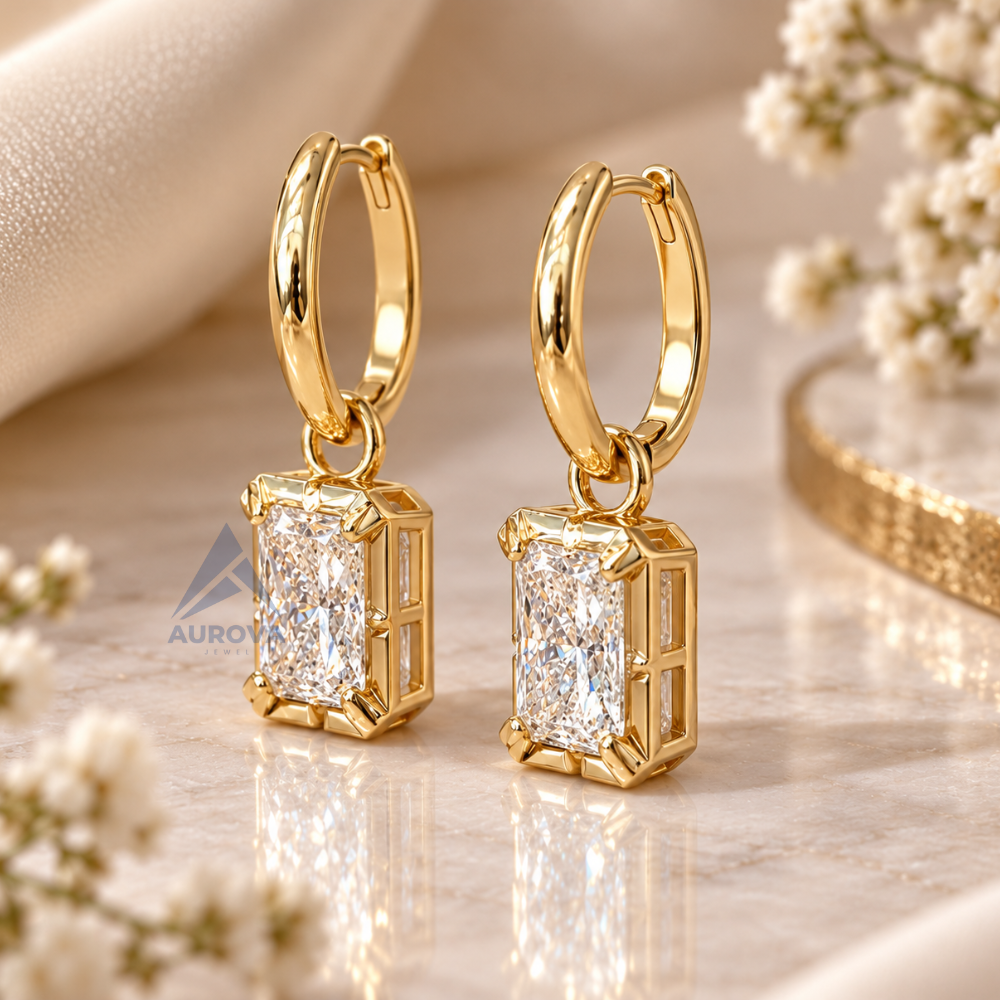 Radiant Cut Diamond Drop Earrings, 14K Gold Huggie Hoops, Solitaire Dangle Earrings, Minimalist Bridal Jewelry Gift for Her