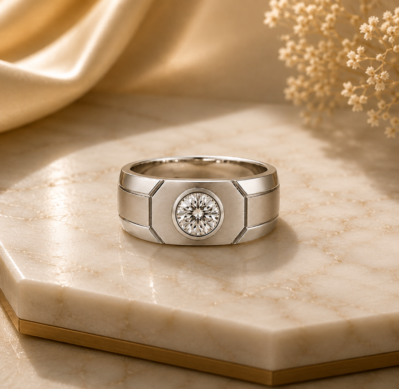 Men's Diamond Ring, Round Cut Bezel Diamond Ring, Solid Gold Wedding Band, Men's Engagement Ring, Anniversary Gift for Husband Main image