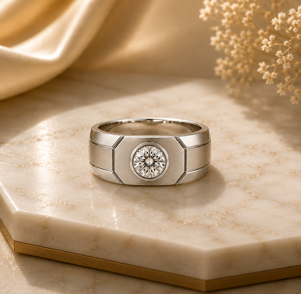 Men's Diamond Ring, Round Cut Bezel Diamond Ring, Solid Gold Wedding Band, Men's Engagement Ring, Anniversary Gift for Husband