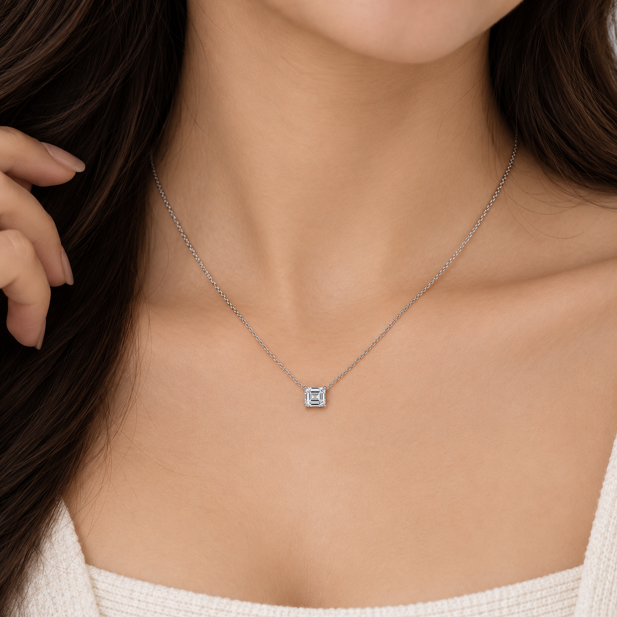 Asscher Cut Solitaire Necklace, Silver Square Pendant, Dainty White Gemstone Necklace, Minimalist Bridal Jewelry Gift for Her