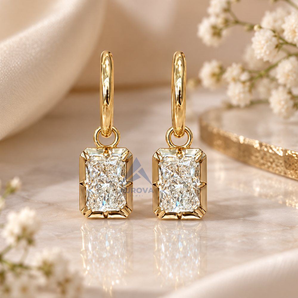 Radiant Cut Diamond Drop Earrings, 14K Gold Huggie Hoops, Solitaire Dangle Earrings, Minimalist Bridal Jewelry Gift for Her
