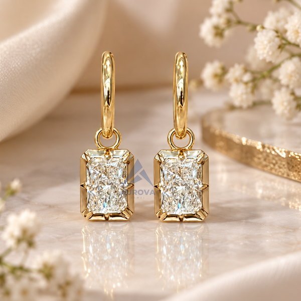 Radiant Cut Diamond Drop Earrings, 14K Gold Huggie Hoops, Solitaire Dangle Earrings, Minimalist Bridal Jewelry Gift for Her