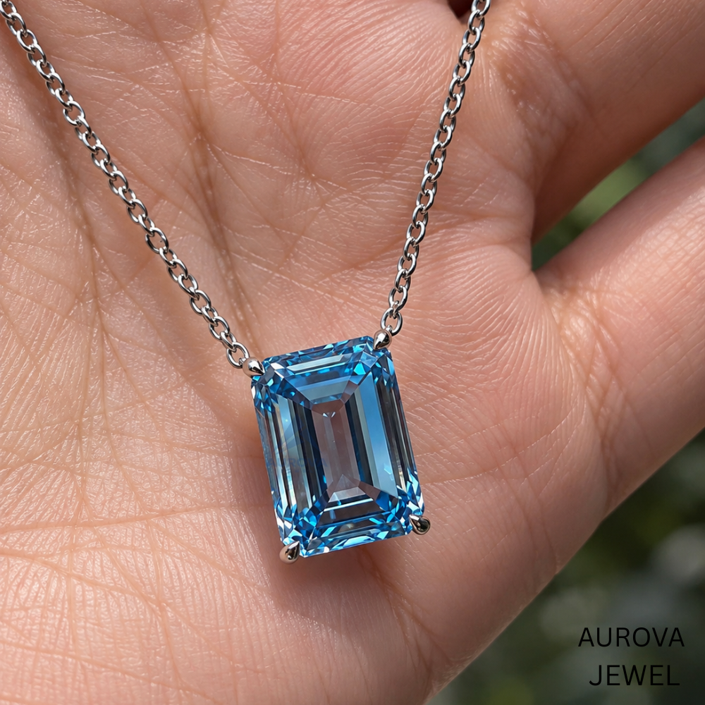 Emerald Cut Blue Gemstone Necklace, Silver Solitaire Pendant, Dainty Statement Jewelry, Bridal Wedding Necklace, Anniversary Gift for Her