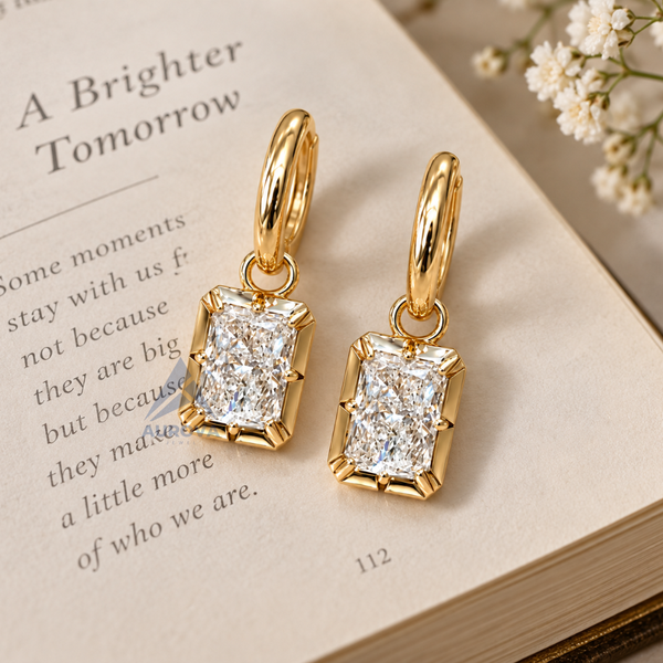 Radiant Cut Diamond Drop Earrings, 14K Gold Huggie Hoops, Solitaire Dangle Earrings, Minimalist Bridal Jewelry Gift for Her
