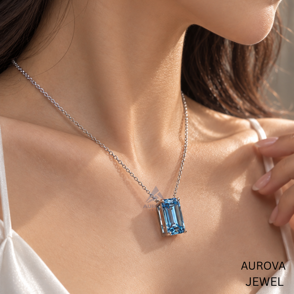 Emerald Cut Blue Gemstone Necklace, Silver Solitaire Pendant, Dainty Statement Jewelry, Bridal Wedding Necklace, Anniversary Gift for Her