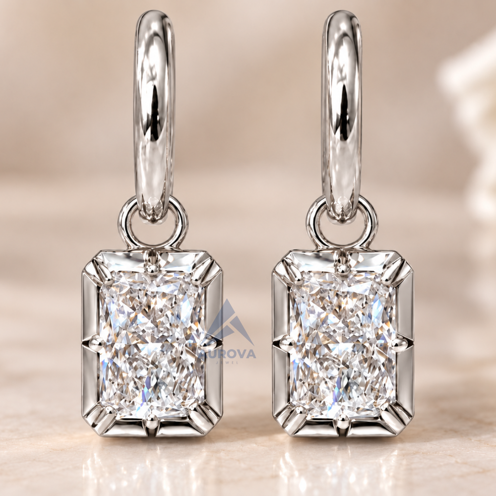 Radiant Cut Diamond Drop Earrings, 14K Gold Huggie Hoops, Solitaire Dangle Earrings, Minimalist Bridal Jewelry Gift for Her