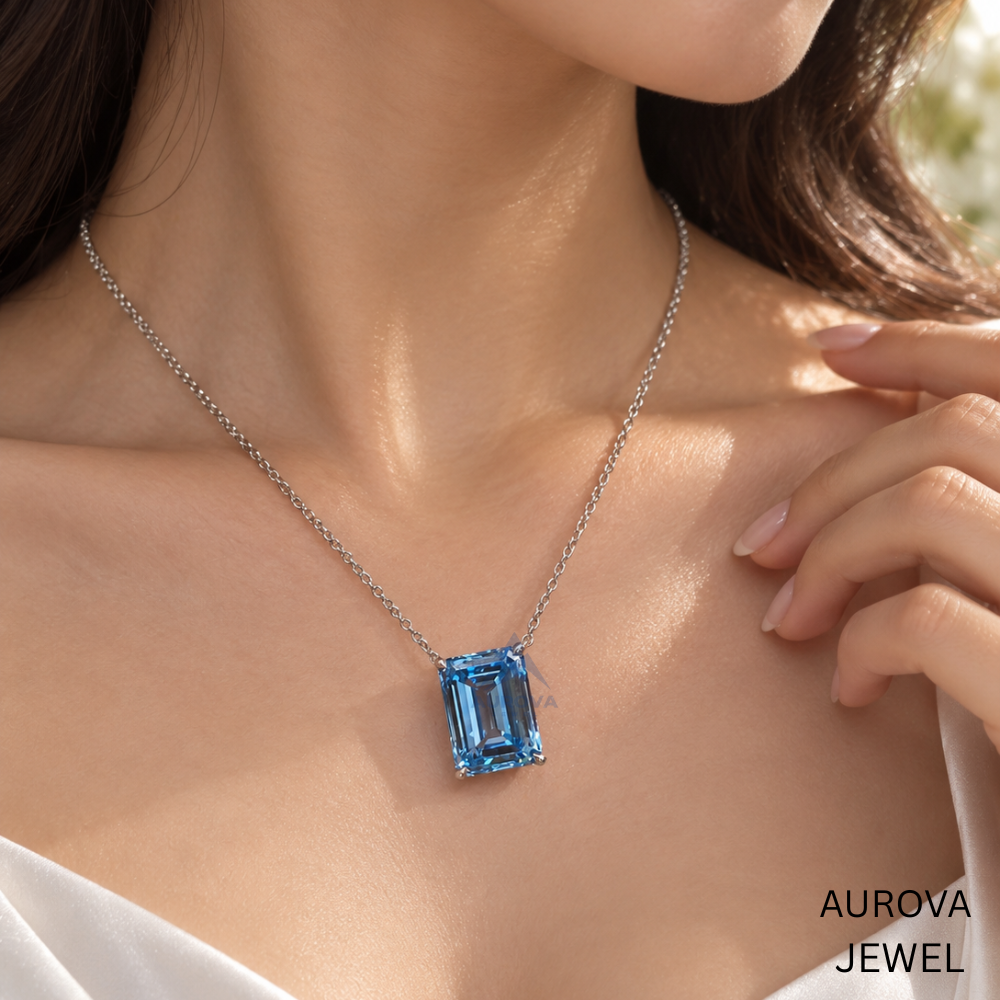 Emerald Cut Blue Gemstone Necklace, Silver Solitaire Pendant, Dainty Statement Jewelry, Bridal Wedding Necklace, Anniversary Gift for Her