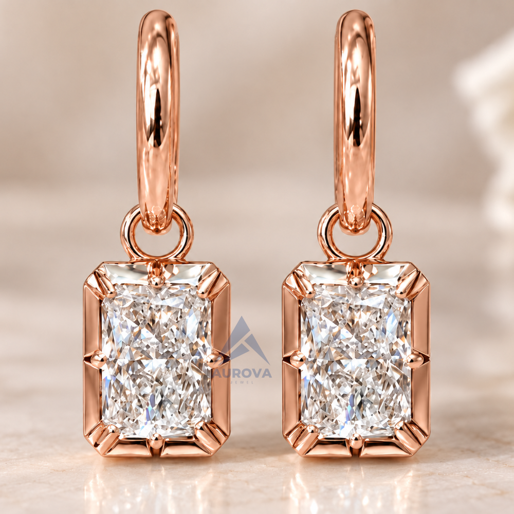 Radiant Cut Diamond Drop Earrings, 14K Gold Huggie Hoops, Solitaire Dangle Earrings, Minimalist Bridal Jewelry Gift for Her
