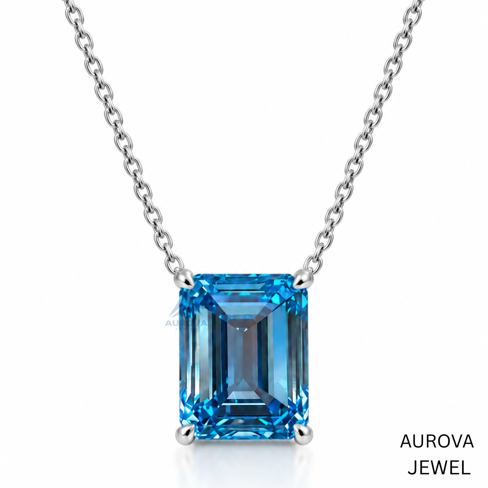 Emerald Cut Blue Gemstone Necklace, Silver Solitaire Pendant, Dainty Statement Jewelry, Bridal Wedding Necklace, Anniversary Gift for Her