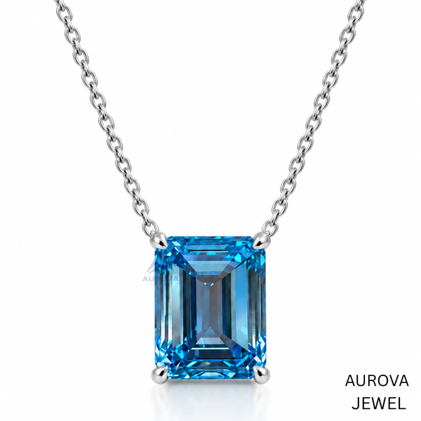Emerald Cut Blue Gemstone Necklace, Silver Solitaire Pendant, Dainty Statement Jewelry, Bridal Wedding Necklace, Anniversary Gift for Her