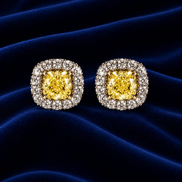 Yellow Cushion Diamond Stud Earrings, Halo Setting, 14K Solid Gold Bridal Jewelry, Luxury Anniversary Gift for Her, Wedding Earrings