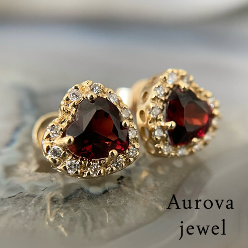 Heart Garnet Diamond Stud Earrings | Halo Gold Earrings