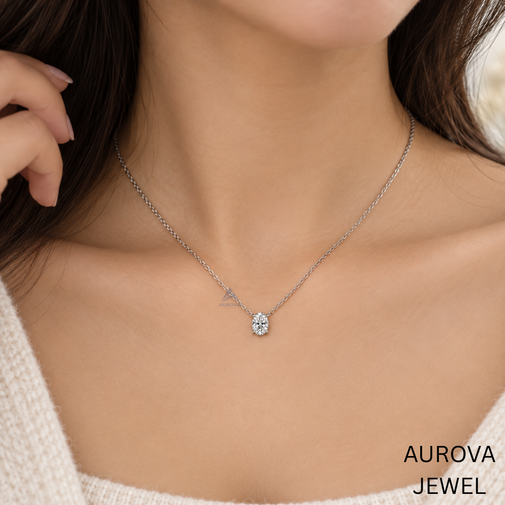 Oval Cut Solitaire Necklace, Silver Gemstone Pendant, Dainty Bridal Jewelry, Minimalist Wedding Necklace, Anniversary Gift for Her Main image