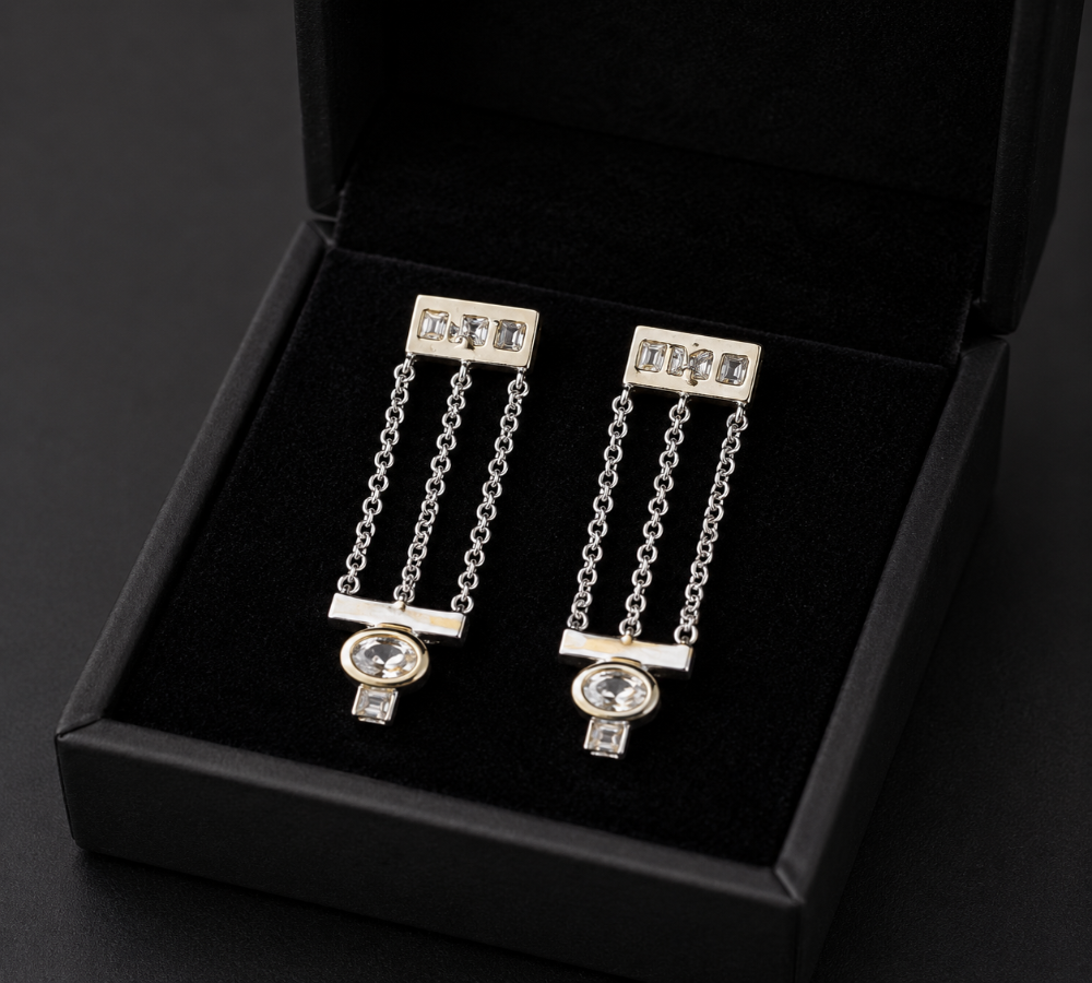 Diamond Chain Drop Earrings | Geometric Gold Dangle Earrings Main image