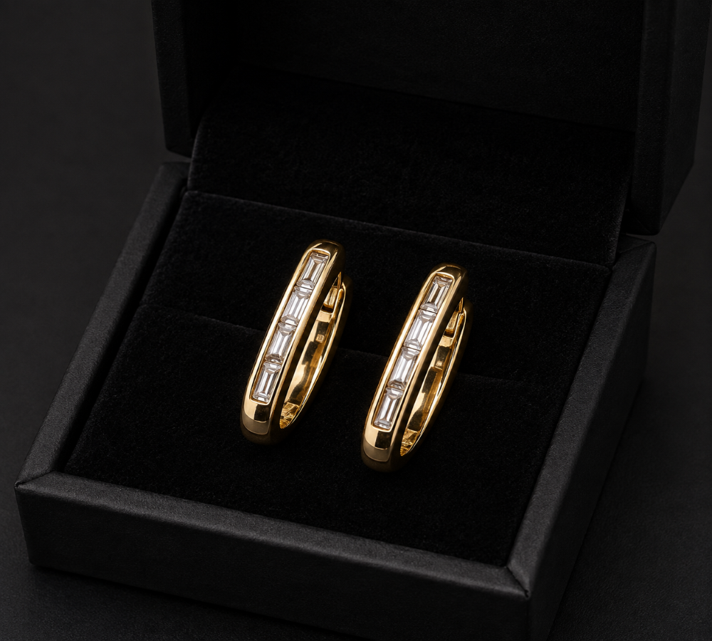 Baguette Diamond Hoop Earrings | Gold Huggie Earrings Main image