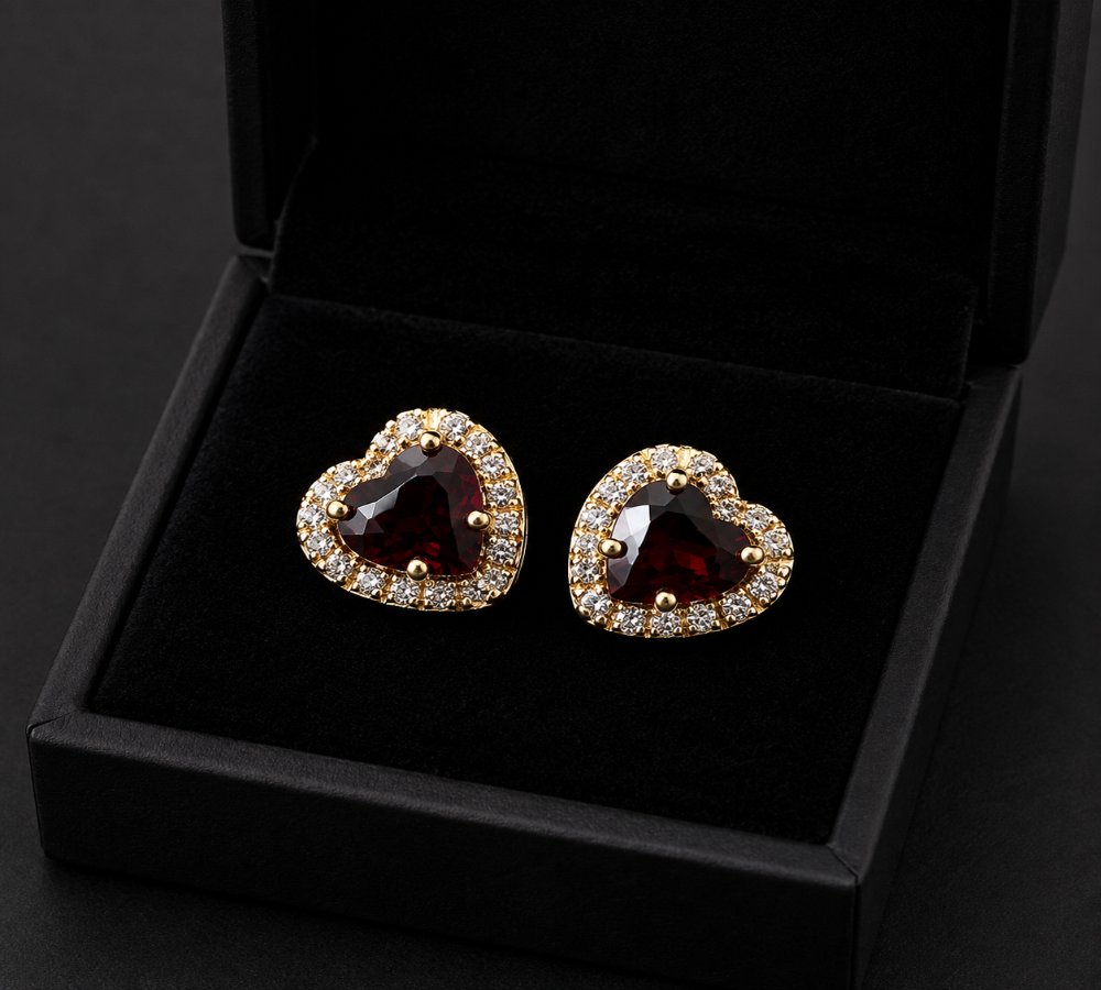 Heart Garnet Diamond Stud Earrings | Halo Gold Earrings