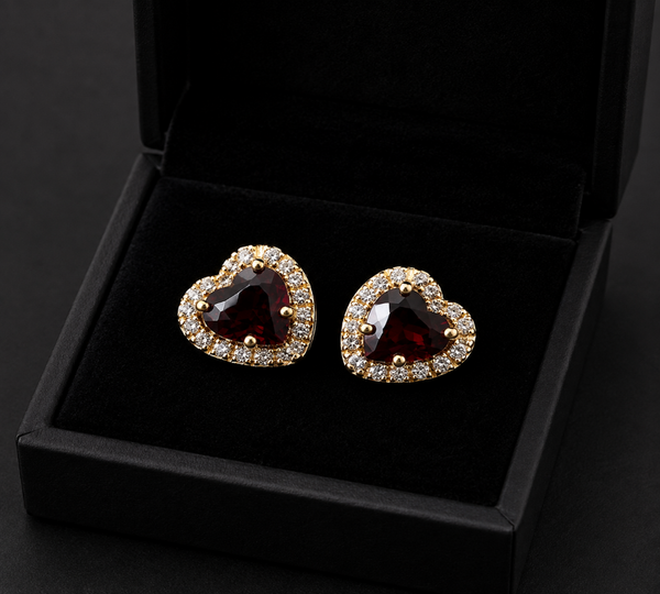 Heart Garnet Diamond Stud Earrings | Halo Gold Earrings