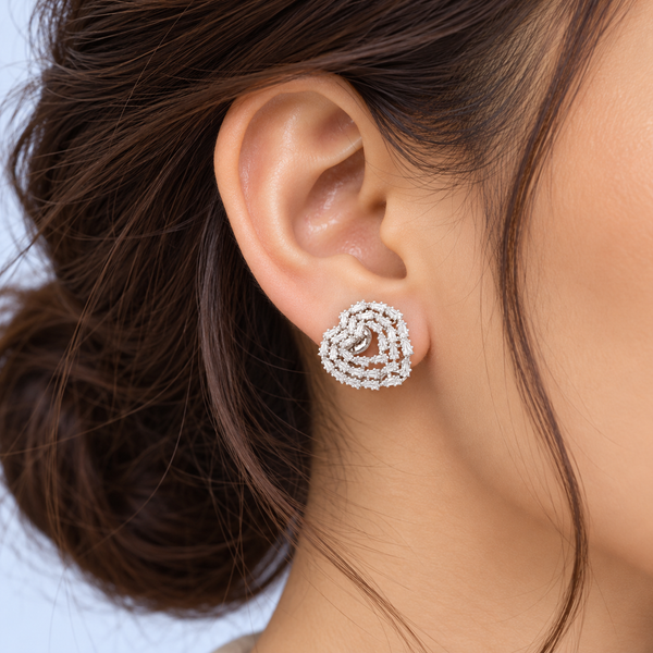Elegant Baguette Cut Diamond-Style Stud Earrings for Women | Luxury Heart-Shaped Knot Design with Sparkling Baguette and Round Cut Stones