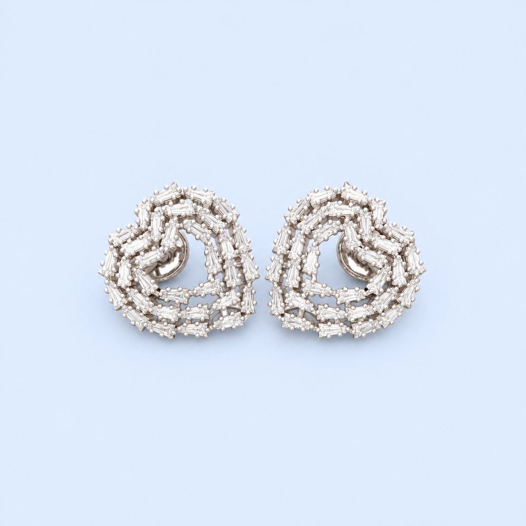 Elegant Baguette Cut Diamond-Style Stud Earrings for Women | Luxury Heart-Shaped Knot Design with Sparkling Baguette and Round Cut Stones
