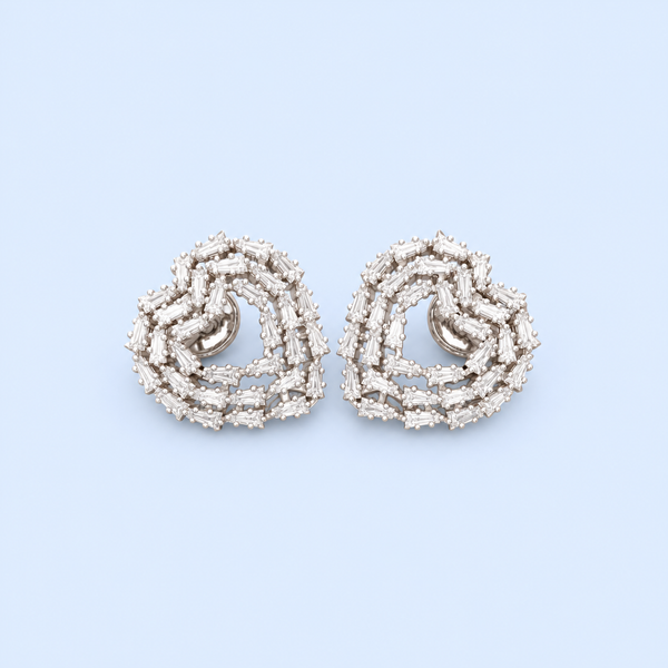 Elegant Baguette Cut Diamond-Style Stud Earrings for Women | Luxury Heart-Shaped Knot Design with Sparkling Baguette and Round Cut Stones