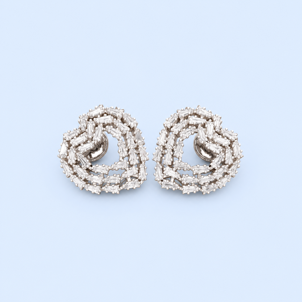 Elegant Baguette Cut Diamond-Style Stud Earrings for Women | Luxury Heart-Shaped Knot Design with Sparkling Baguette and Round Cut Stones