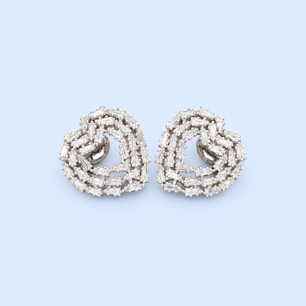 Elegant Baguette Cut Diamond-Style Stud Earrings for Women | Luxury Heart-Shaped Knot Design with Sparkling Baguette and Round Cut Stones