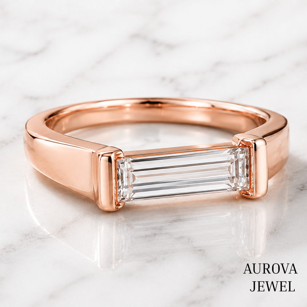 Baguette Cut Diamond Ring in Yellow Gold | Minimalist East-West Bezel Engagement Ring
