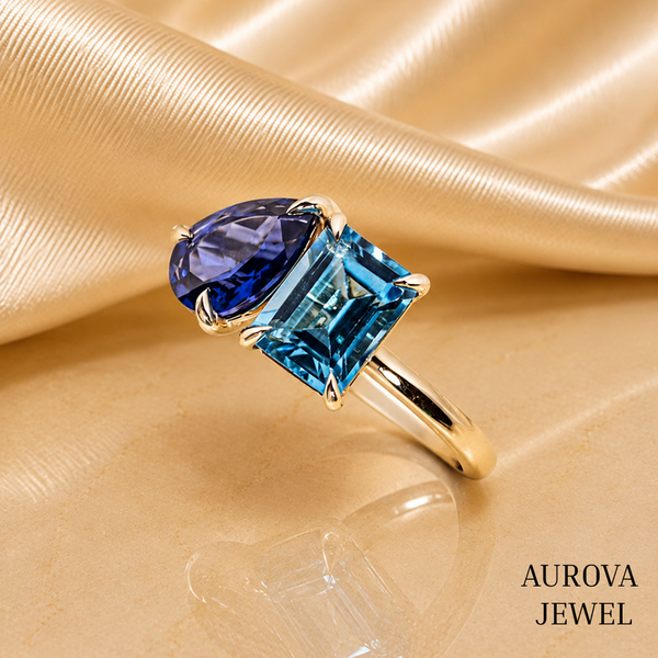 Toi et Moi Blue Sapphire & Aquamarine Ring in Gold – Pear and Emerald Cut Gemstone Statement Ring | Aurova Jewel