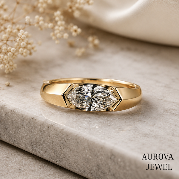 East West Marquise Diamond Ring, 14K Solid Gold Bezel Solitaire, Minimalist Engagement Jewelry, Anniversary Gift for Her