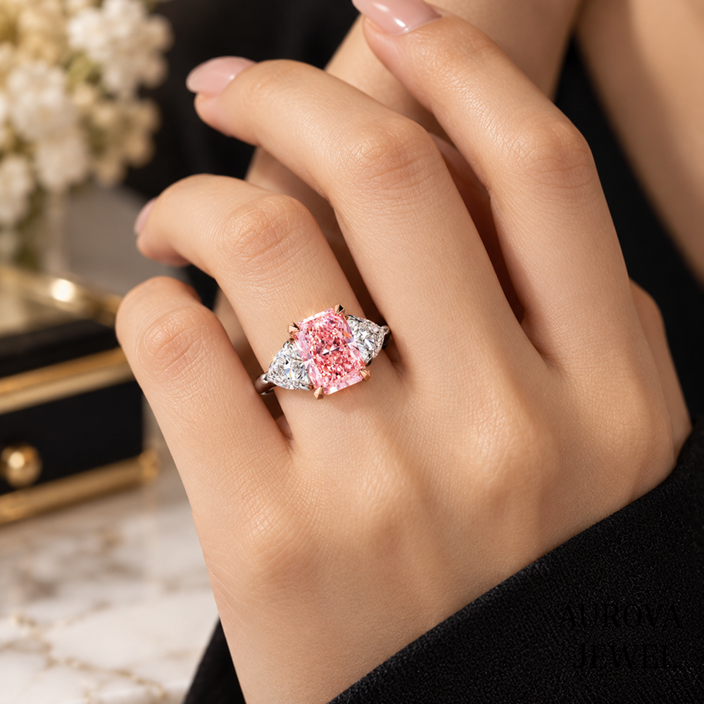Pink Radiant Cut Engagement Ring, Three Stone Diamond Ring, Pear Side Stones, Unique Bridal Gift for Her Secondary image