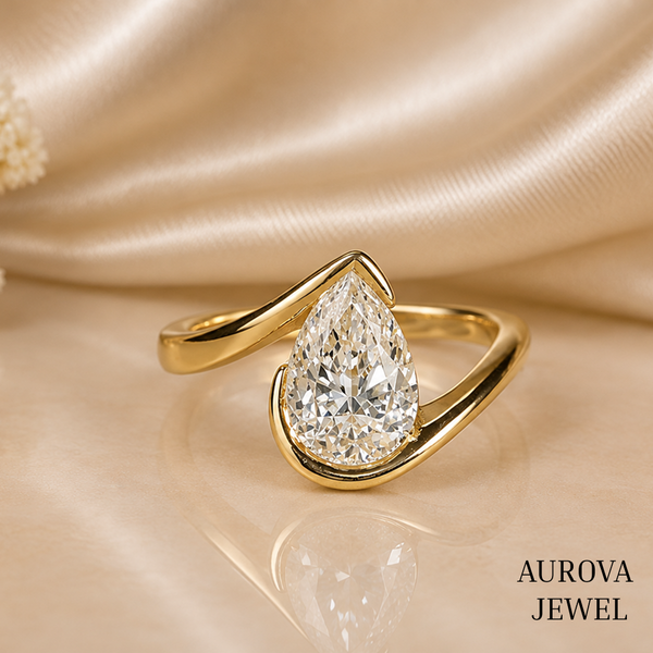 Pear Diamond Engagement Ring, 14K Solid Gold Bezel Solitaire, Modern Bypass Bridal Jewelry, Unique Anniversary Gift for Her