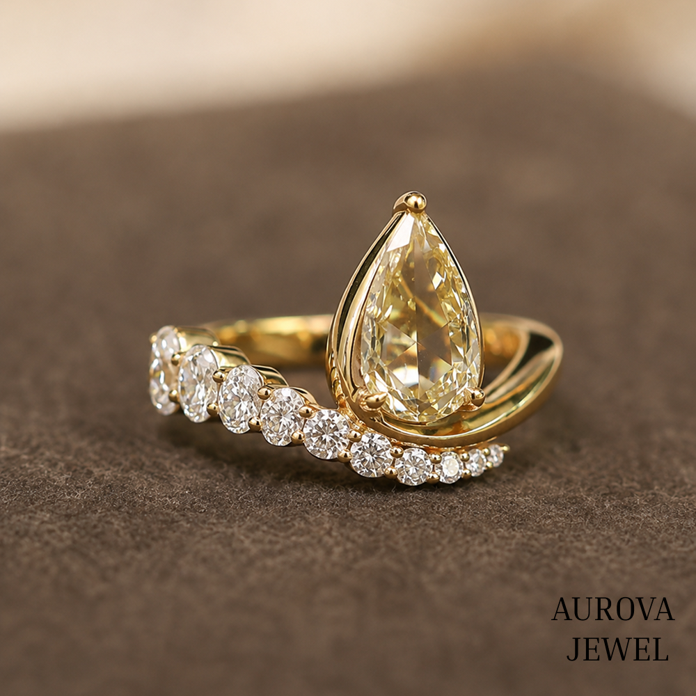 Pear Cut Yellow Diamond Ring, 14K Solid Gold Engagement Ring, Curved Diamond Wedding Band, Unique Bridal Ring, Anniversary Gift for Her