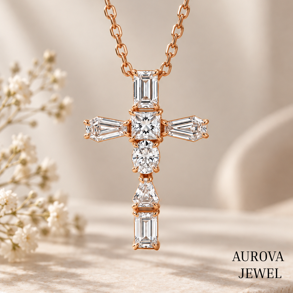 Cross Pendant Necklace, Mixed Cut White Gemstone Cross, Rose Gold Necklace, Christian Jewelry, Religious Gift for Her